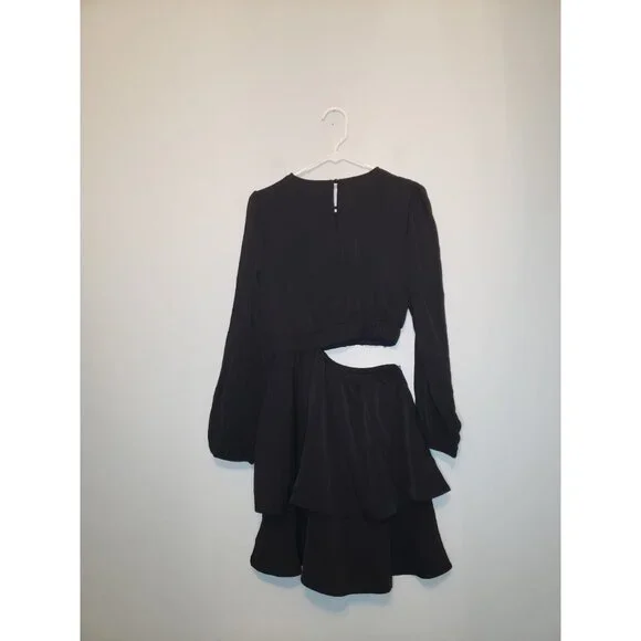 Prettygarden Women S Mini Dress Black Waist Cutout Long Sleeve Ruffle Tiered NWT - Picture 2 of 7